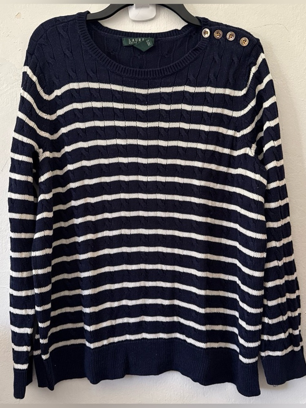 Lauren Ralph Lauren Blue & White Striped Cable Knit Sweater Size 1X Womens